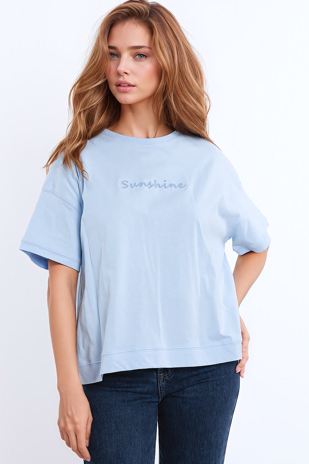 Camiseta extragrande con texto texturizado en la parte delantera en azul Sunshine