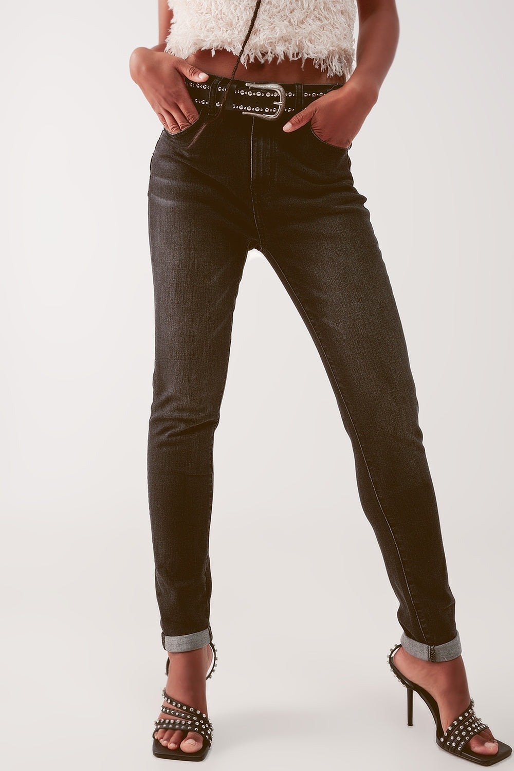 Super high waist skinny jeans in washed black