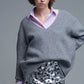 Q2 Super oversized Thin V-neck Sweater in Grey