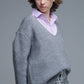 Super oversized Thin V-neck Sweater in Grey