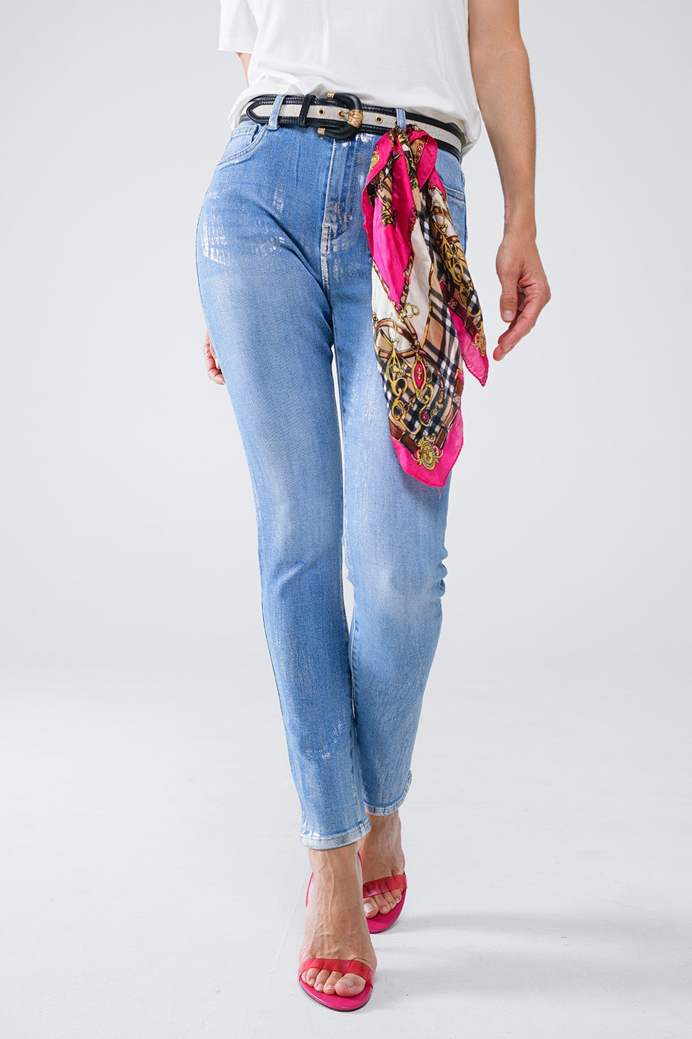 Q2 Super Skinny Denim Jeans With Metallic Effect