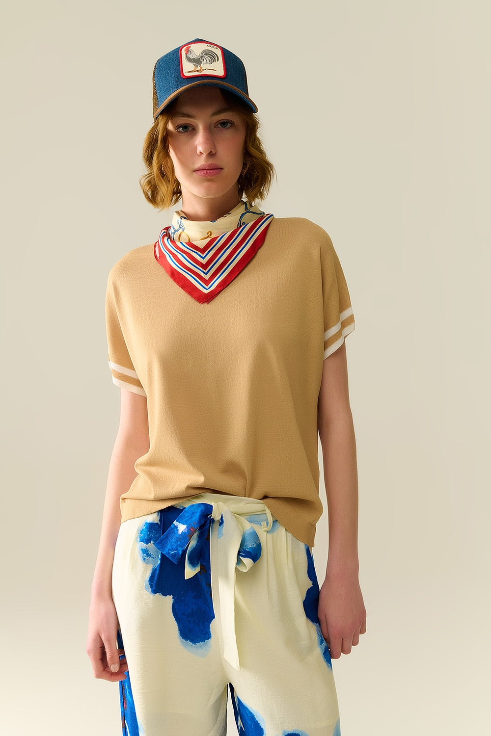 Q2 Sweater In Camel with white contrast detail