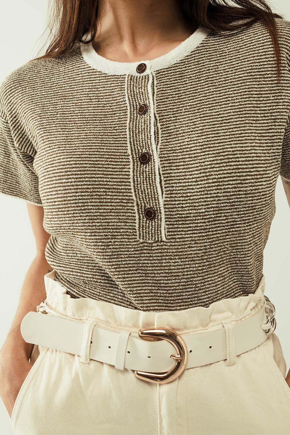 sweater with khaki stripes and gold button closure