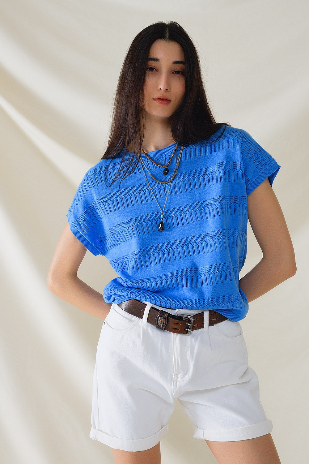 Q2 Sweatshirt In Blue With Lace Design and Short sleeves