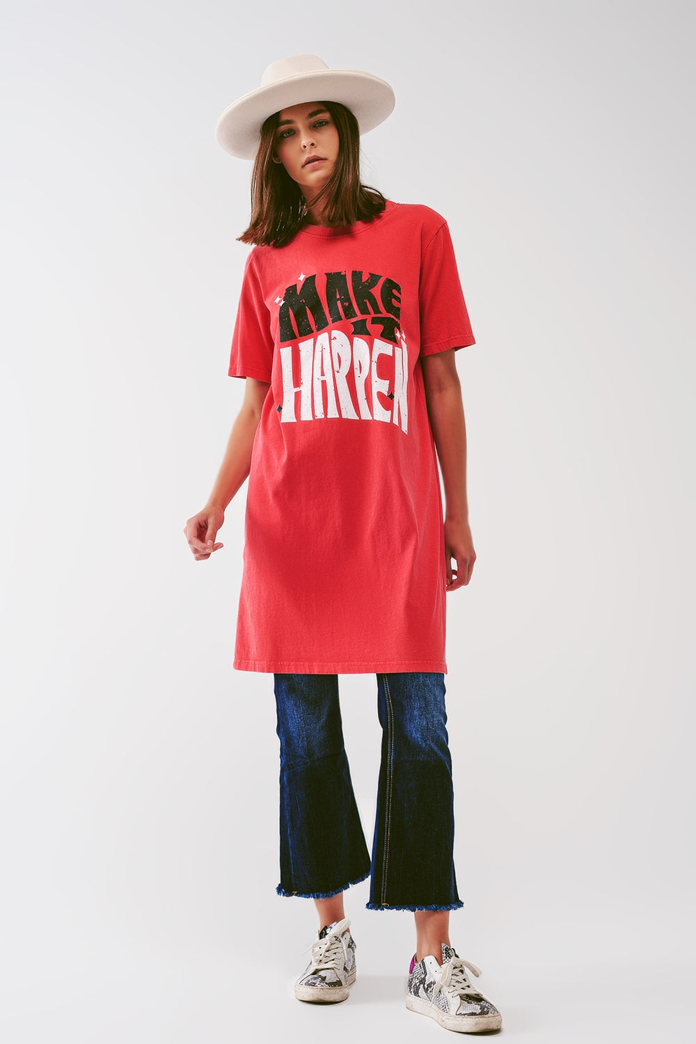 Q2 T-shirt Dress with Make It Happen Text in Red