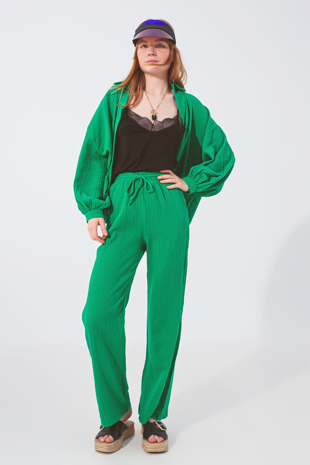 Textured Loose Fit Pants in Green