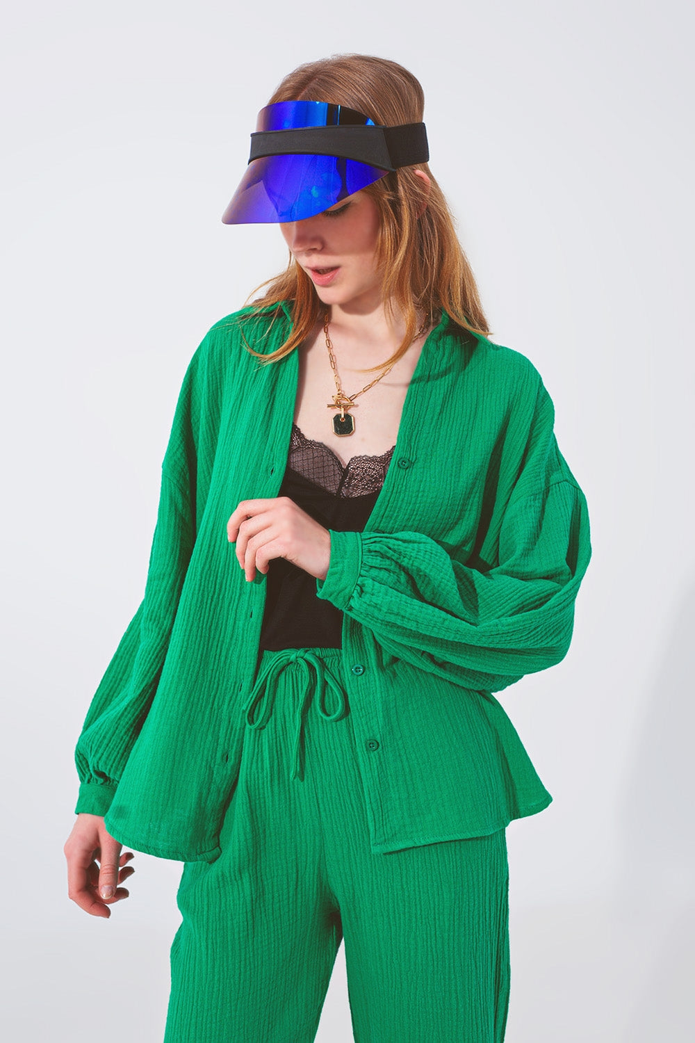 Q2 Textured Loose Fit Shirt in Green