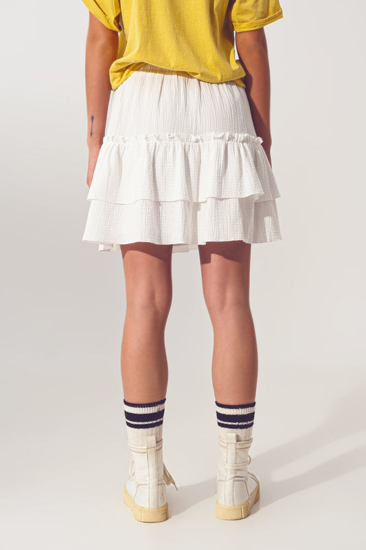 Textured Ruffle Mini Skirt in White