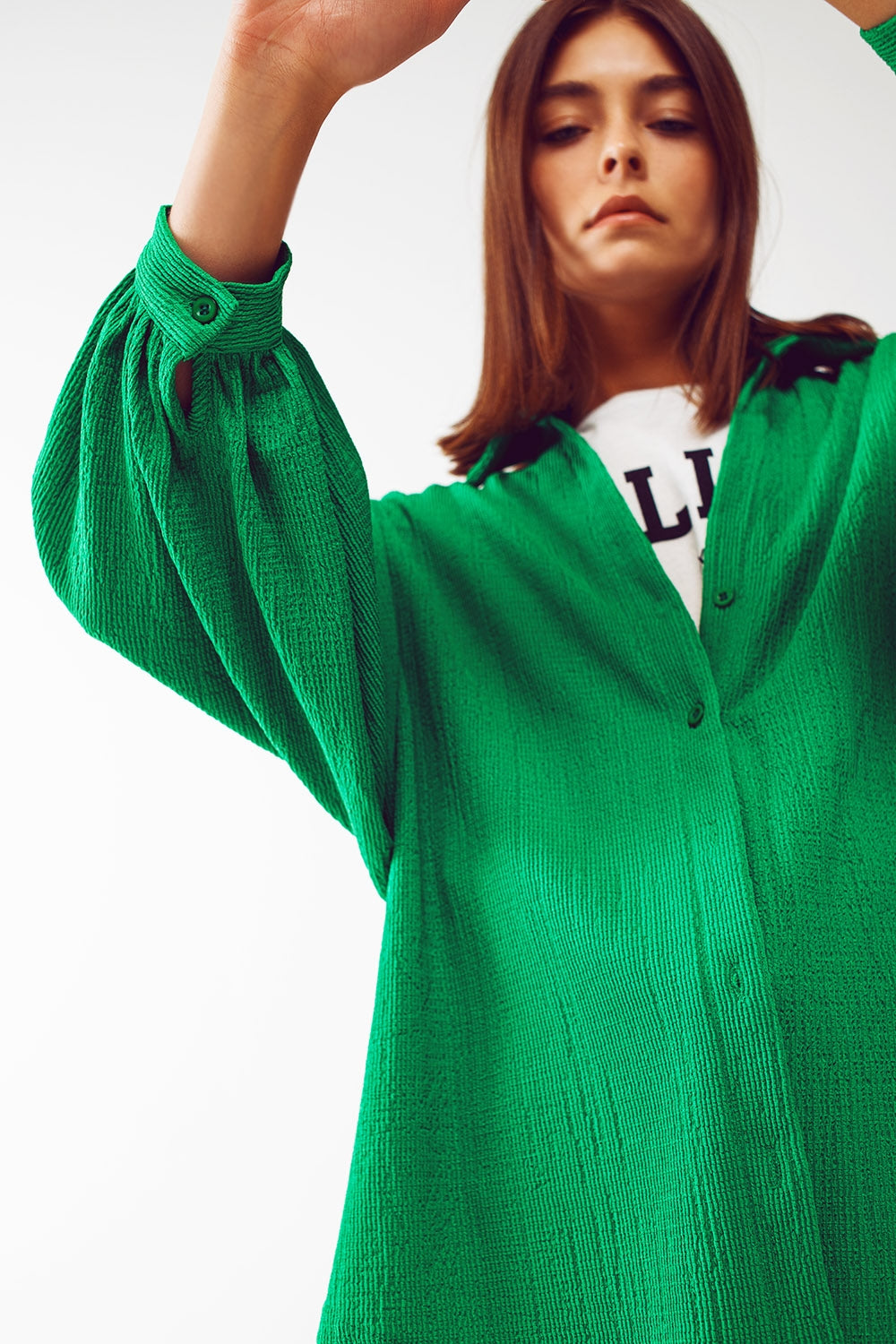 Camisa Con Textura Manga Globo en Verde