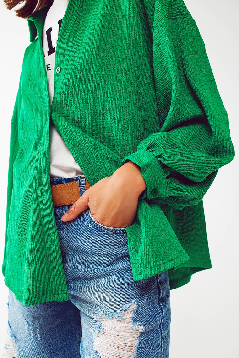 Textured Shirt With Balloon Sleeves in Green