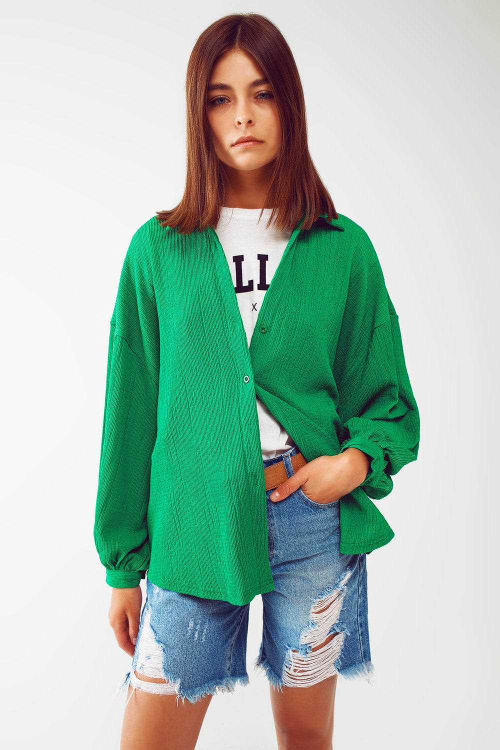 Textured Shirt With Balloon Sleeves in Green