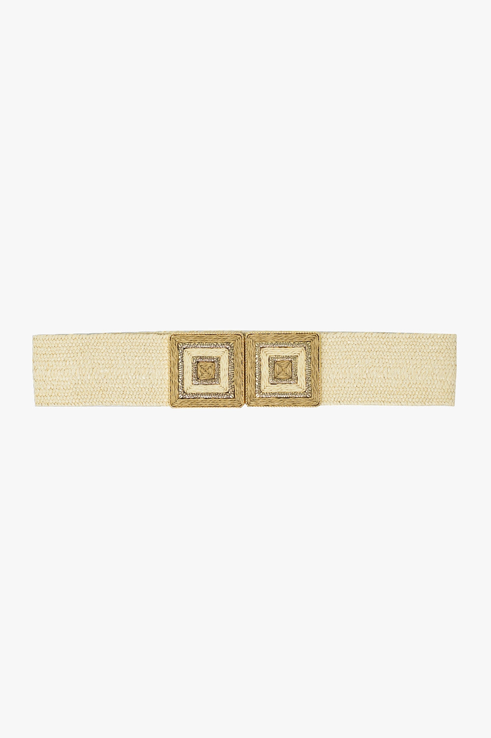 Q2 Thick beige woven belt with square buckle with gold details