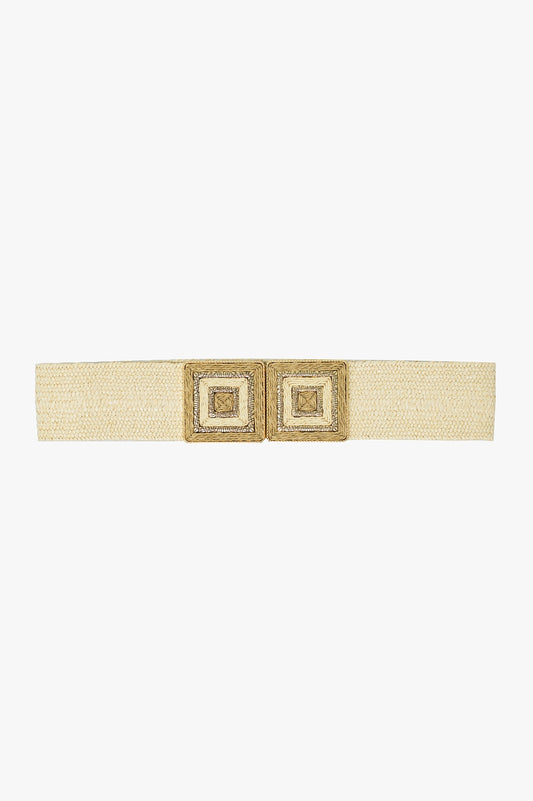 Q2 Thick beige woven belt with square buckle with gold details