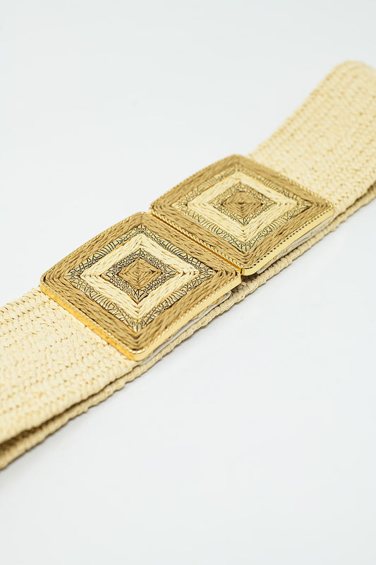 Cinturón grueso tejido beige con hebilla cuadrada con detalles dorados