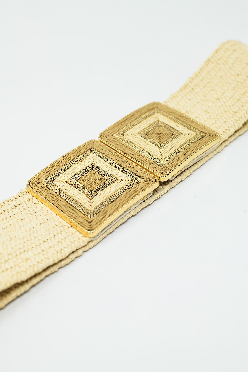 Thick beige woven belt with square buckle with gold details