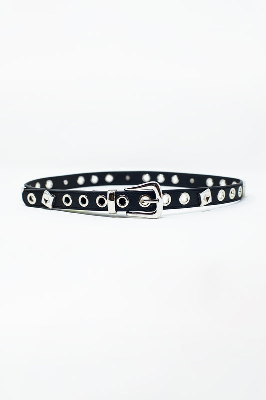 Thin Black leather belt with silver details