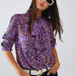 Q2 Tie At The Neck Animal Print Purple Blouse