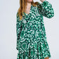 Tie Dye Print Short Dress With Long Sleeves And Lace Trim in Green