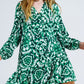 Tie Dye Print Short Dress With Long Sleeves And Lace Trim in Green