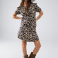 Tie-String Mini Dress With Puff Sleeves in Leopard Print