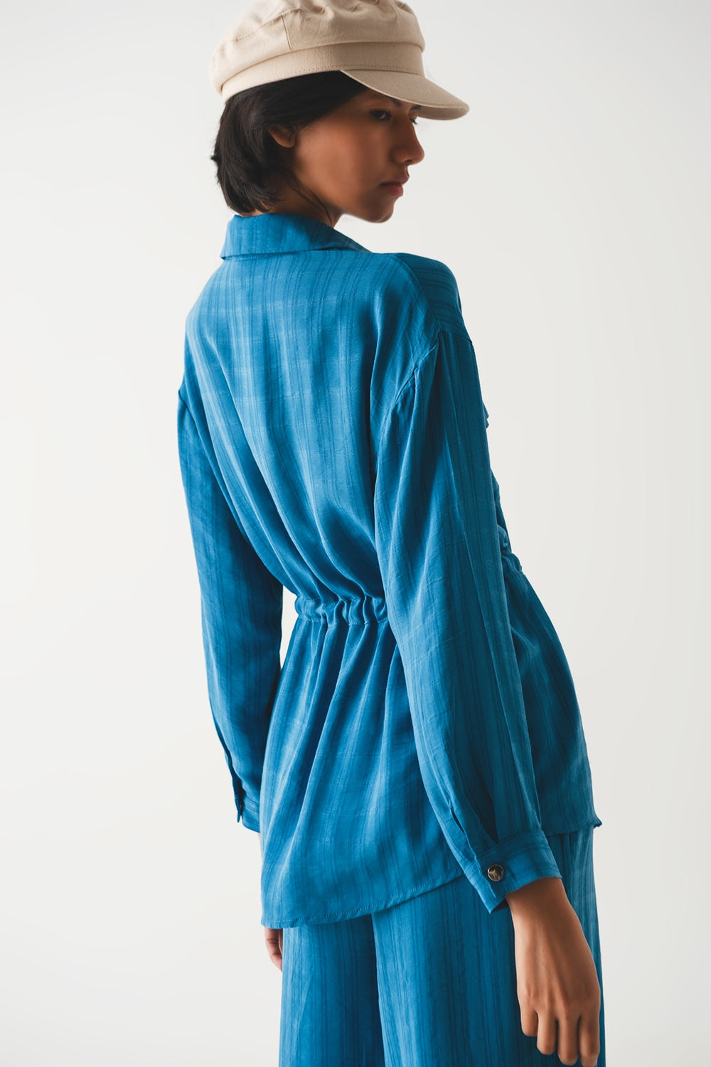 Tie waist long sleeve shirt in blue