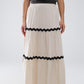 Tiered Linen maxi Skirt With Contrast Scallop Trim in Beige