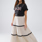 Tiered Linen maxi Skirt With Contrast Scallop Trim in Beige