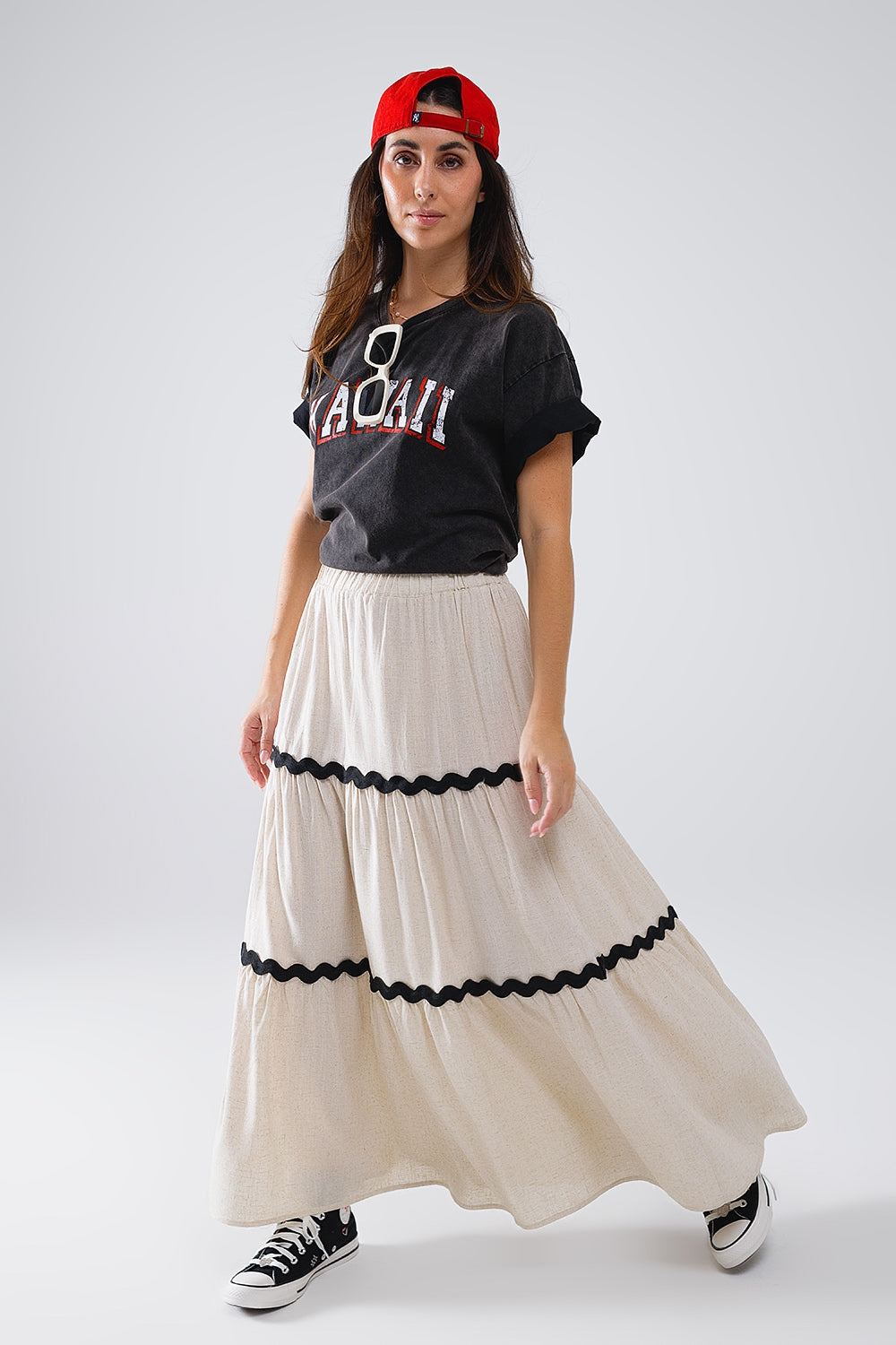 Tiered Linen maxi Skirt With Contrast Scallop Trim in Beige