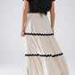 Tiered Linen maxi Skirt With Contrast Scallop Trim in Beige