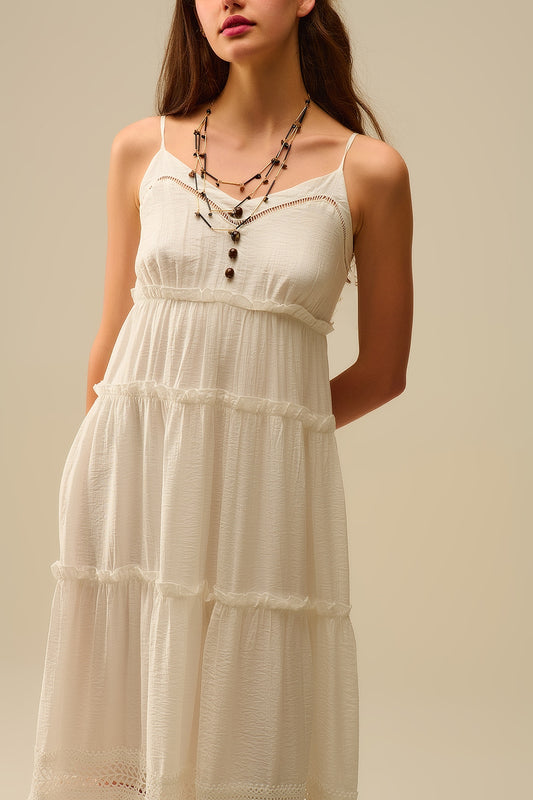 Tiered Maxi Dress with Lace Inserts in White