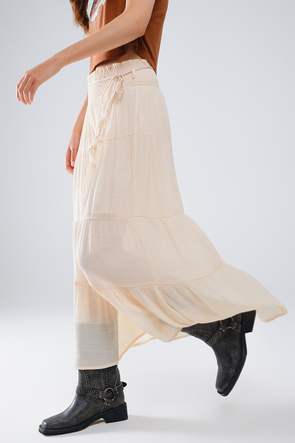 Q2 Tiered Maxi Skirt In Beige Wtih Elastic Waist And Shell Details