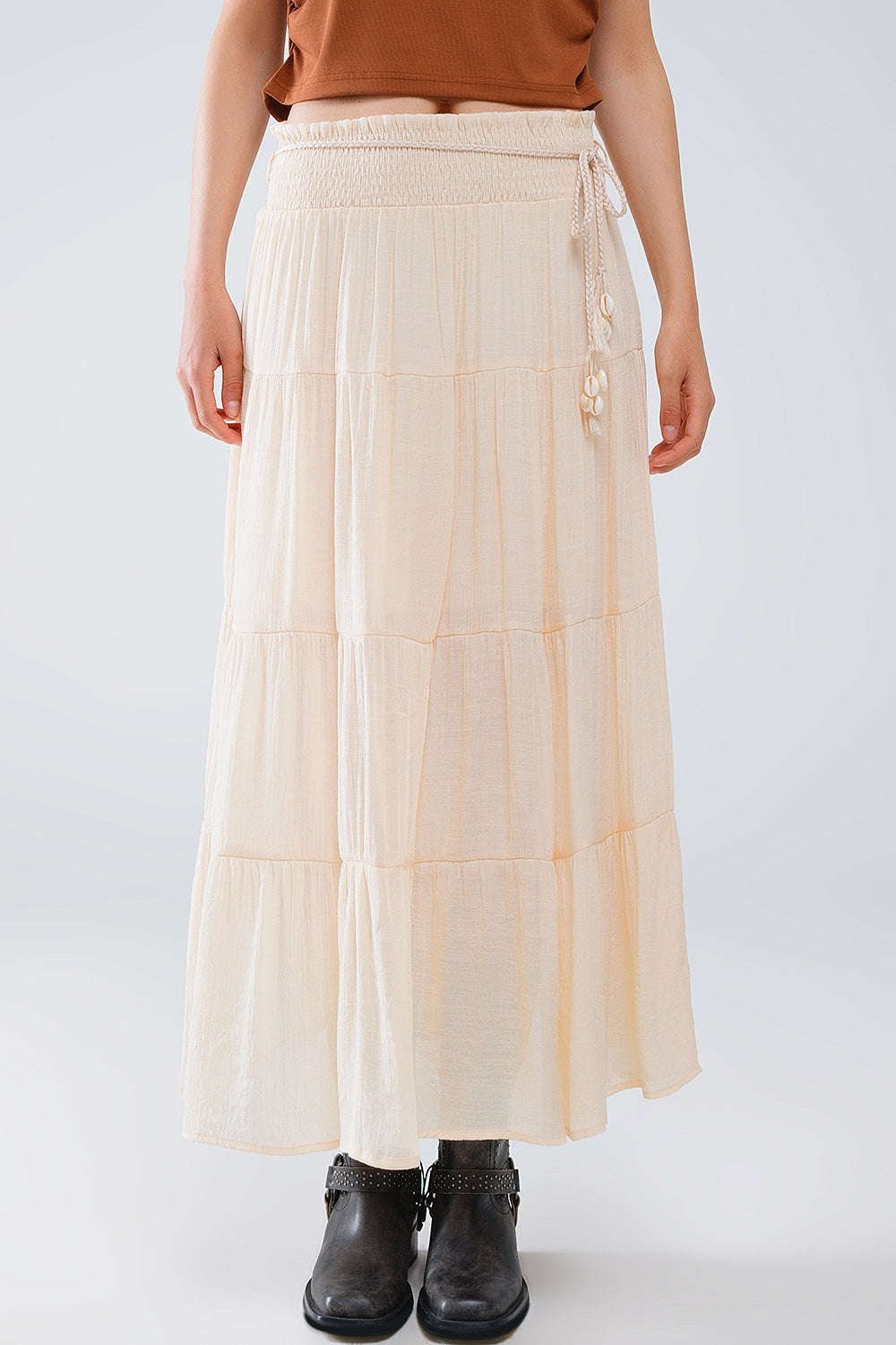 Tiered Maxi Skirt In Beige Wtih Elastic Waist And Shell Details