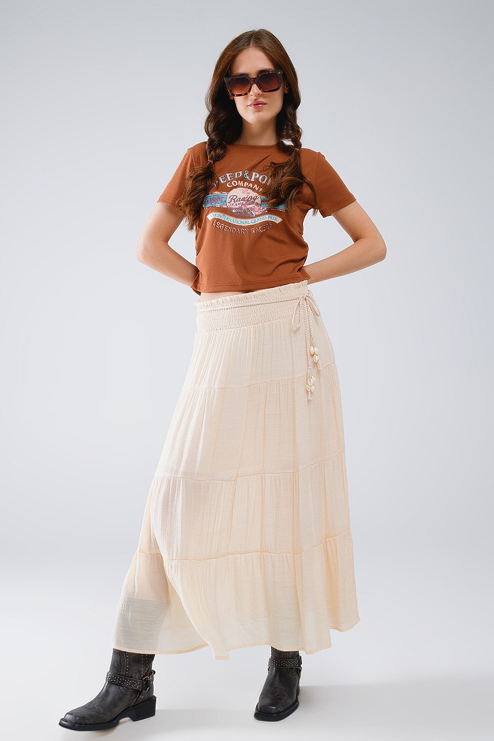 Tiered Maxi Skirt In Beige Wtih Elastic Waist And Shell Details