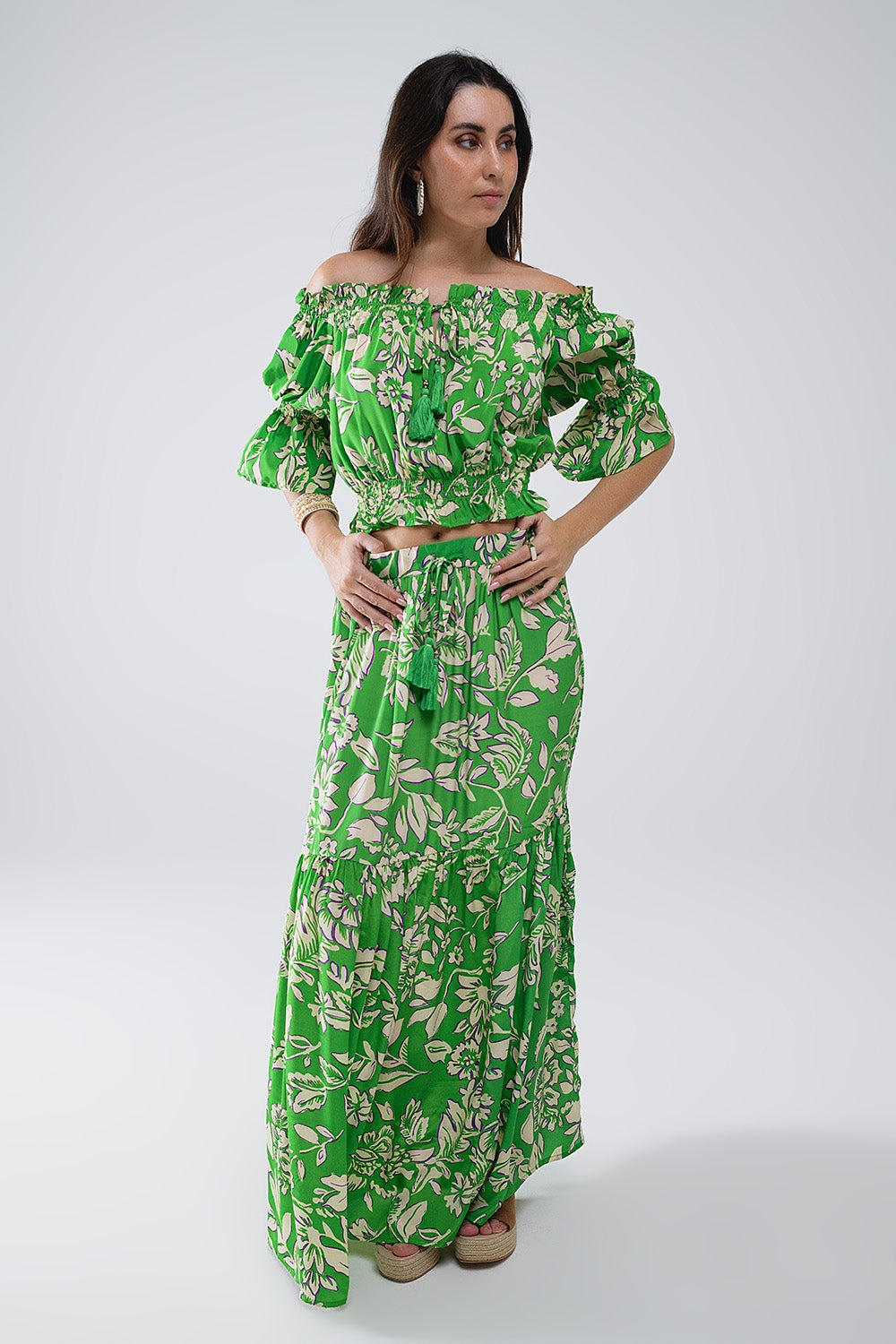 Tiered Maxi Skirt In Green Floral Print