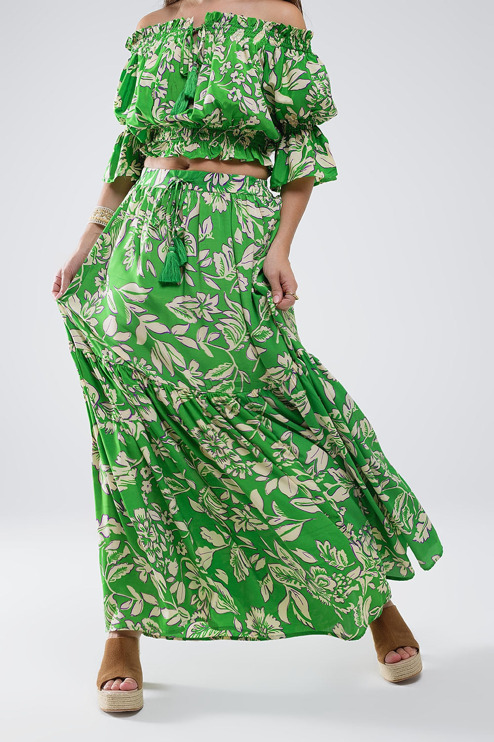 Tiered Maxi Skirt In Green Floral Print