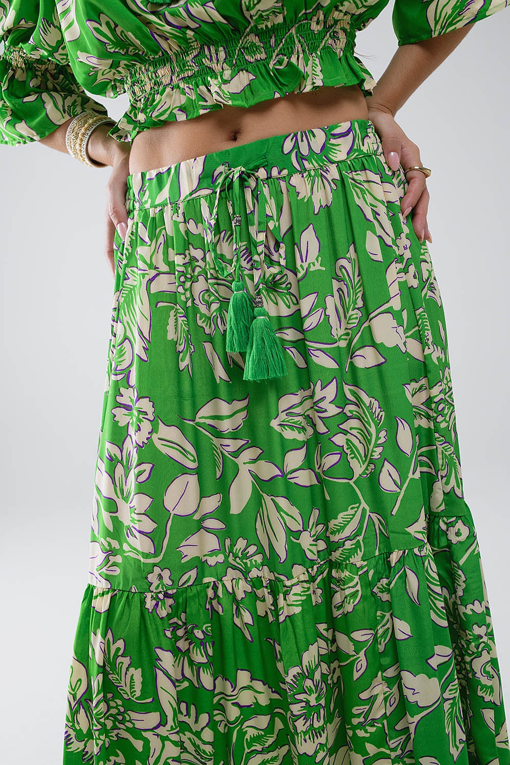 Tiered Maxi Skirt In Green Floral Print