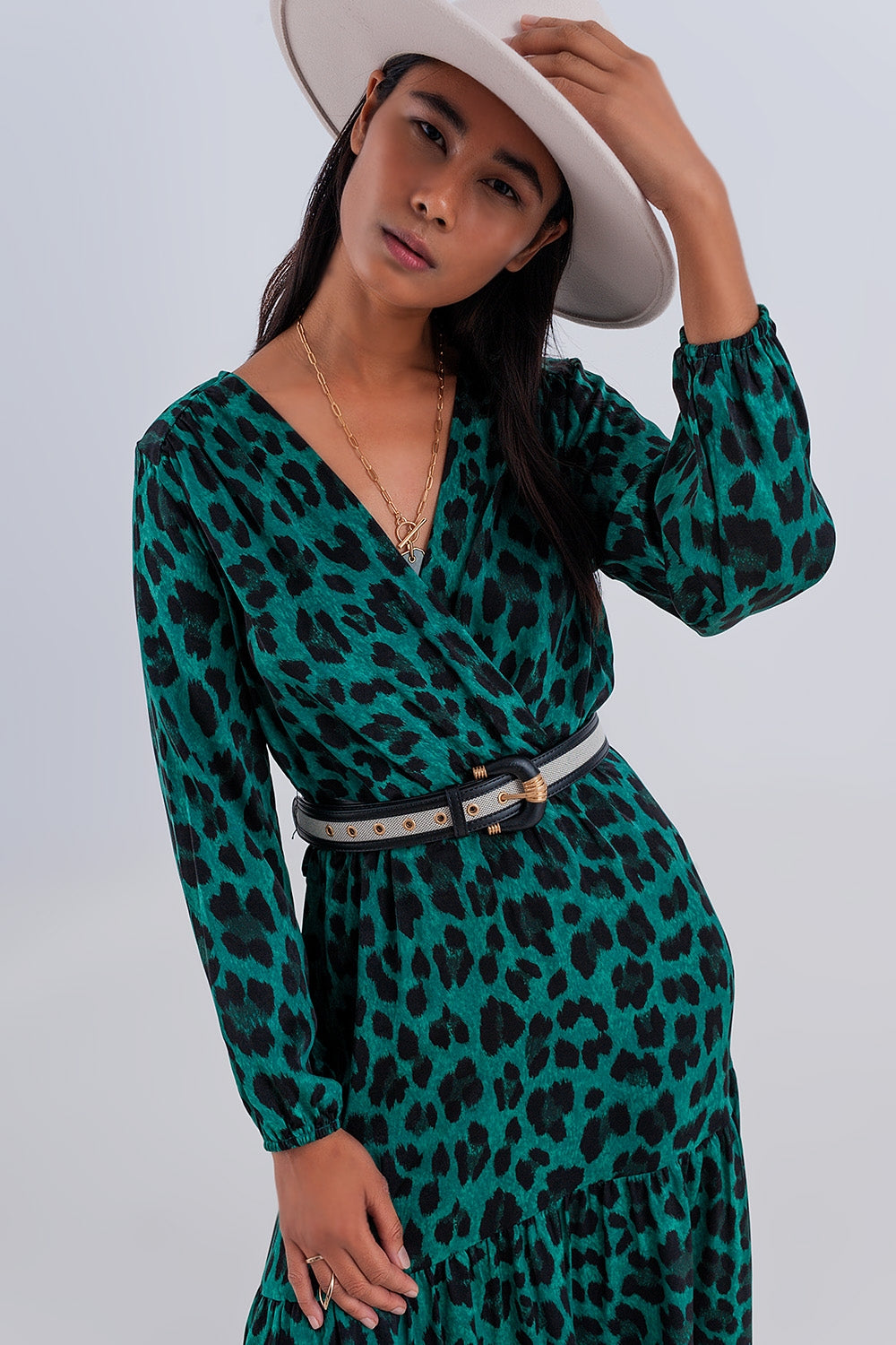 Tiered maxi wrap dress with long sleeve in green