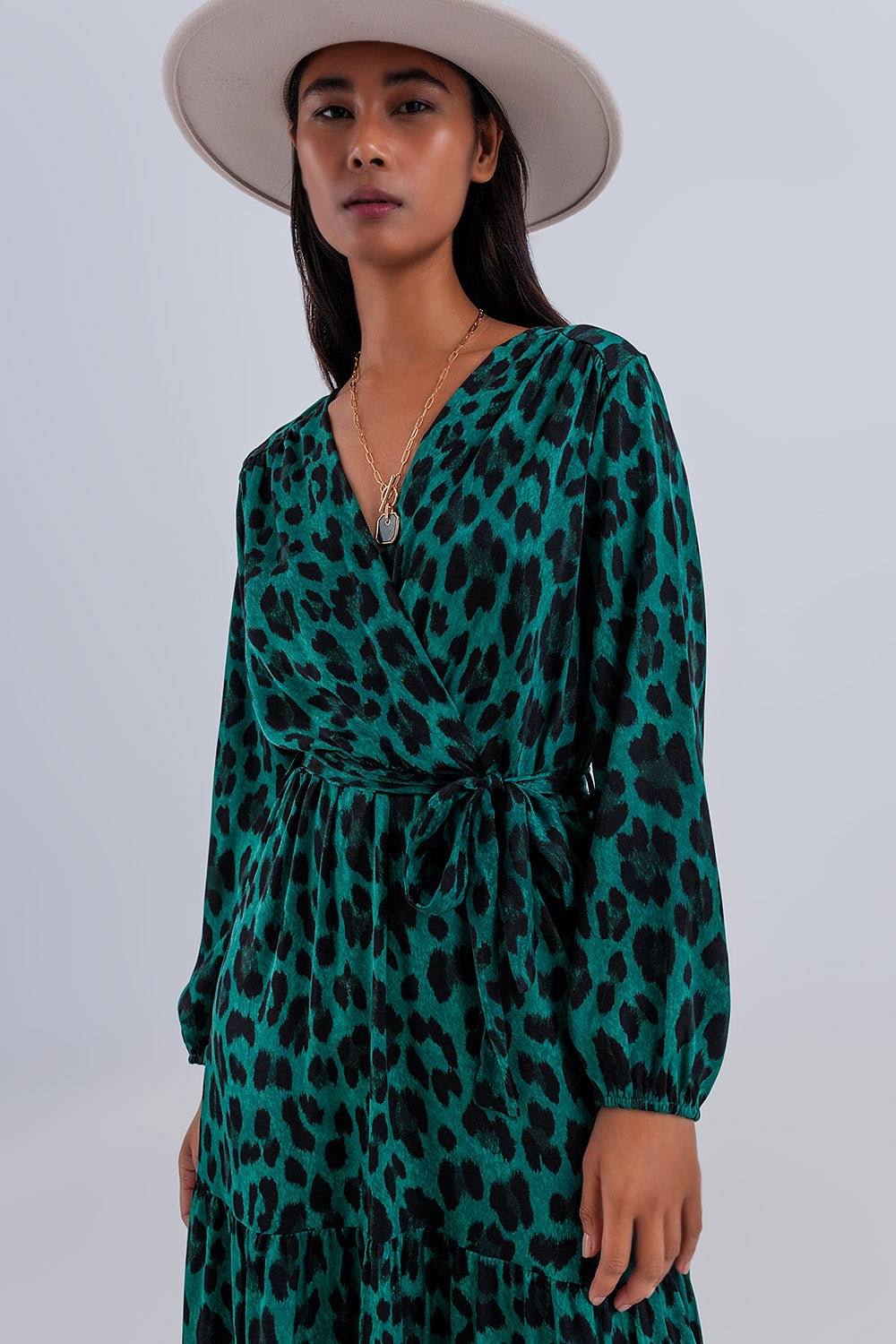 Tiered maxi wrap dress with long sleeve in green