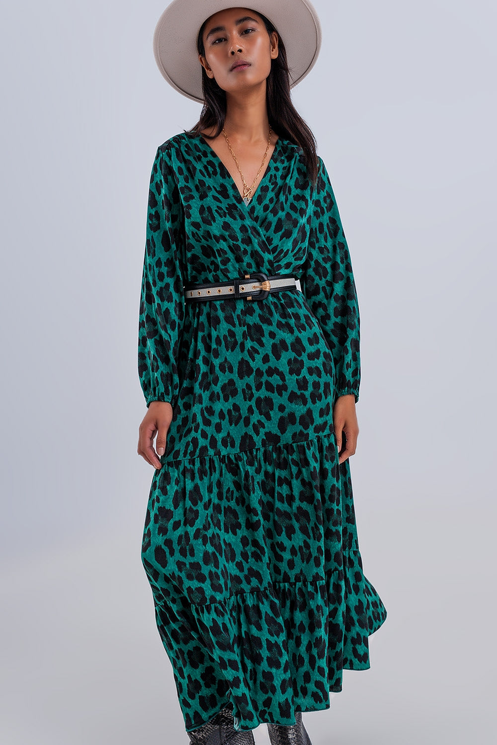 Tiered maxi wrap dress with long sleeve in green