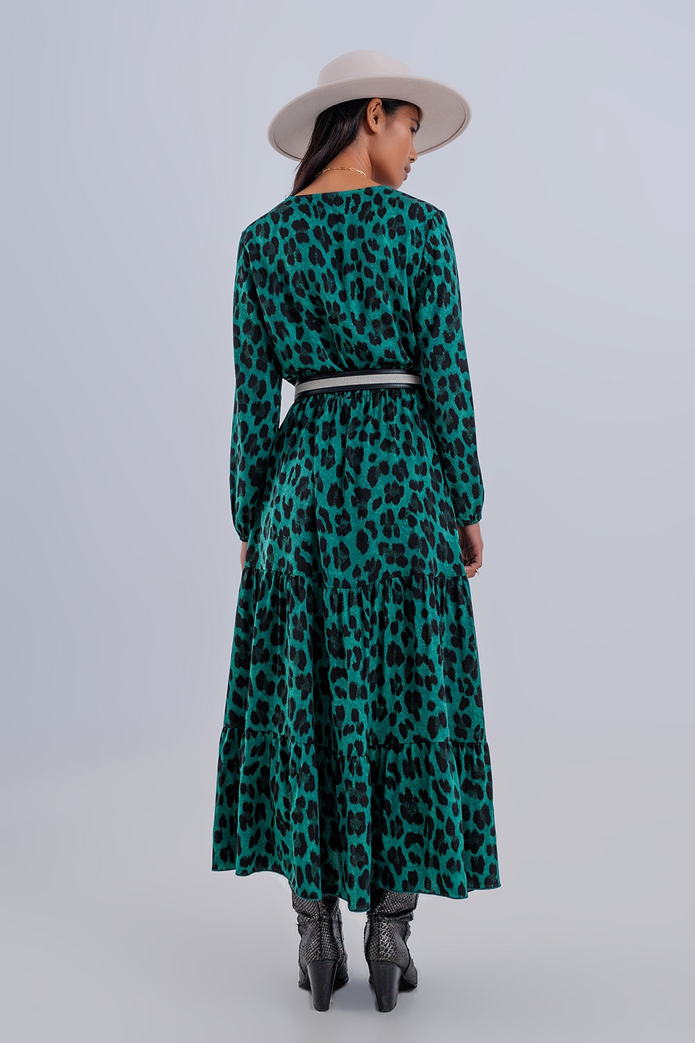 Tiered maxi wrap dress with long sleeve in green