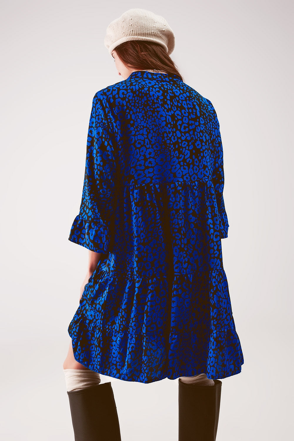 Tiered mini smock dress in blue animal print