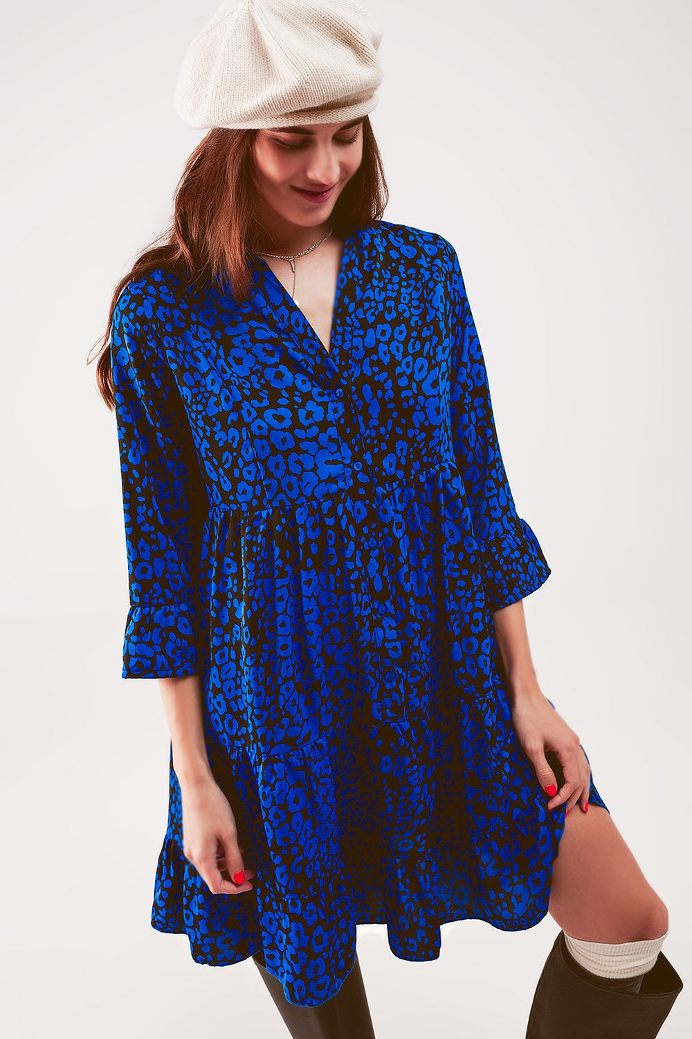 Tiered mini smock dress in blue animal print