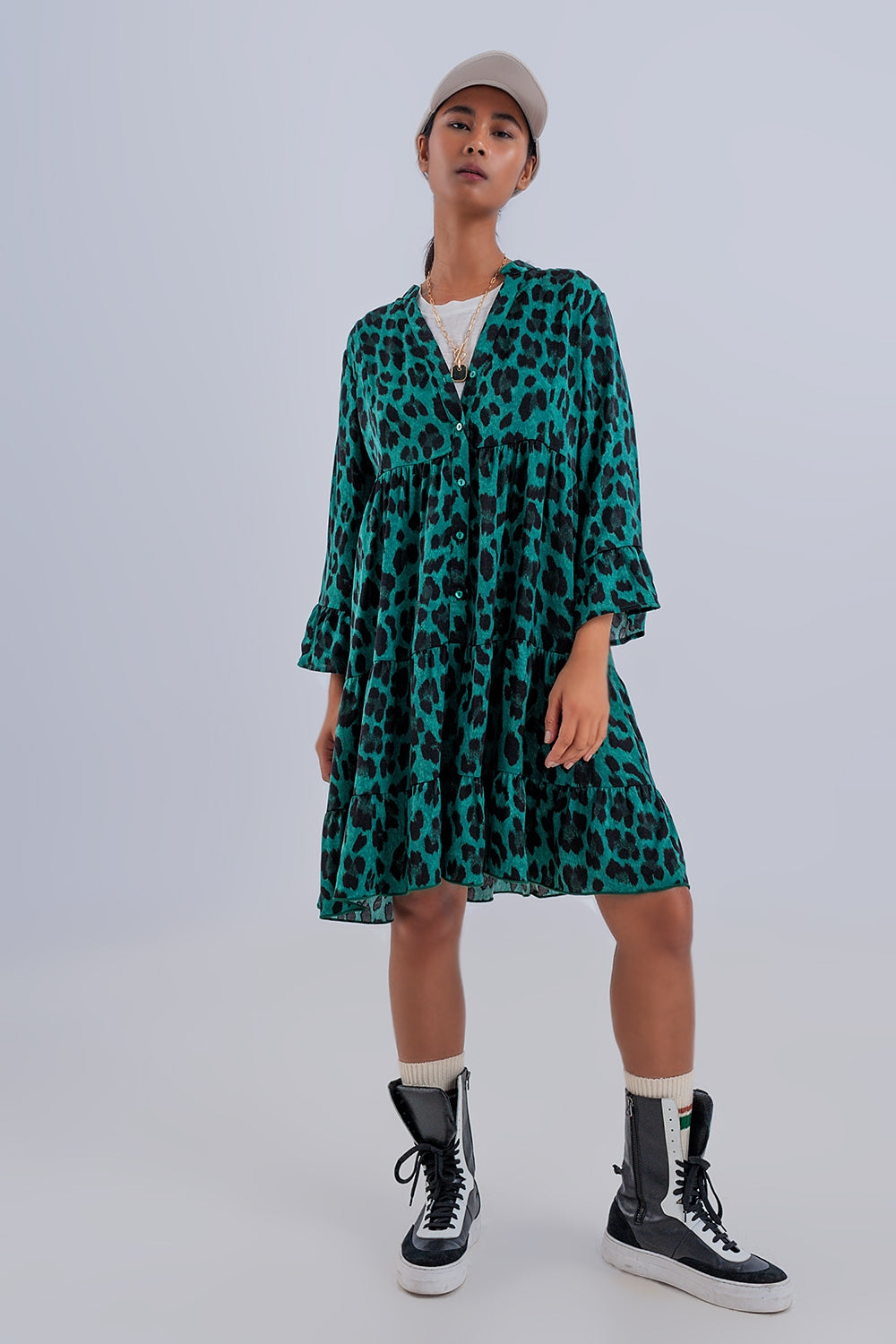 Q2 Tiered smock mini dress in green animal print