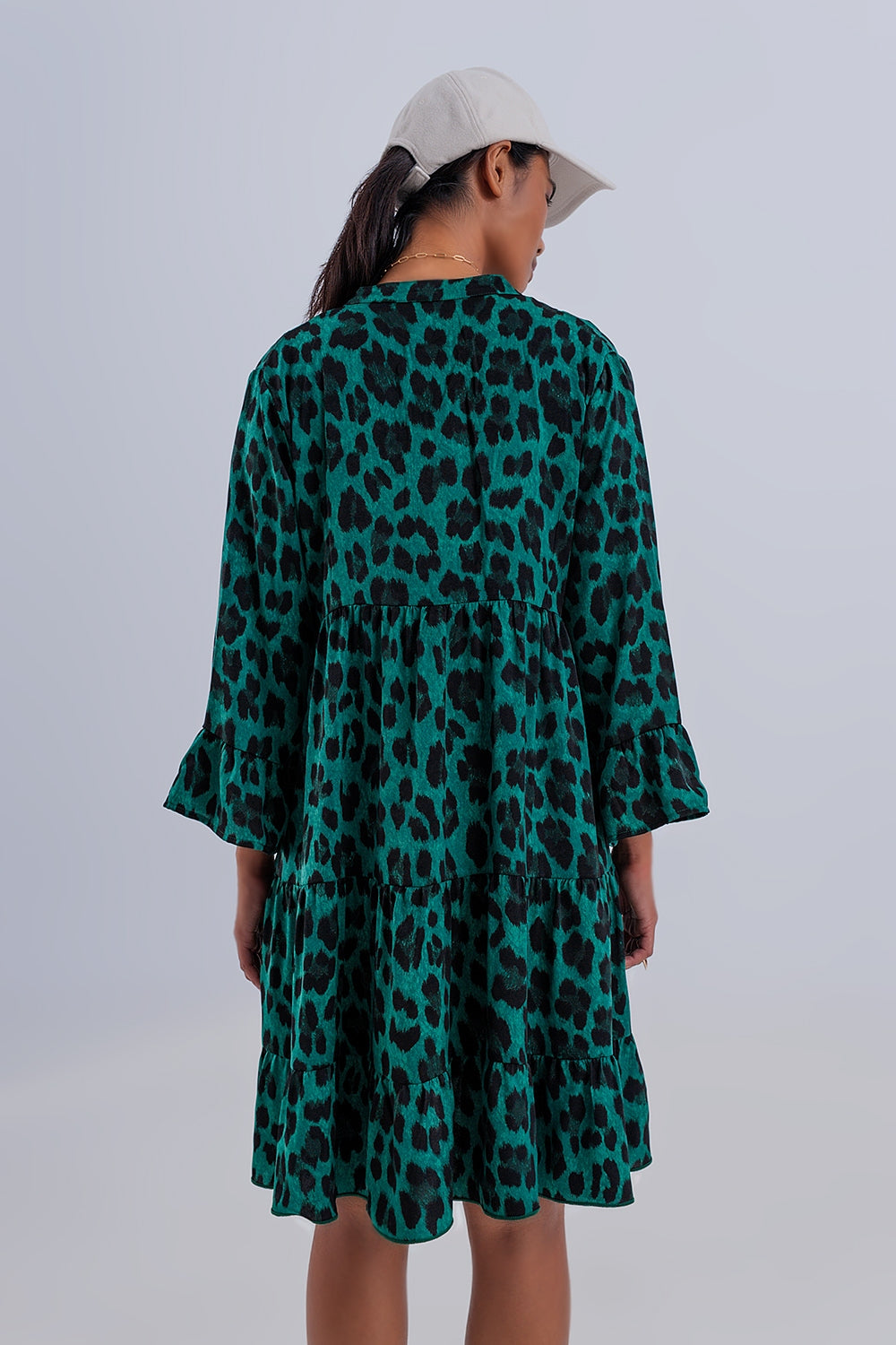 Tiered smock mini dress in green animal print