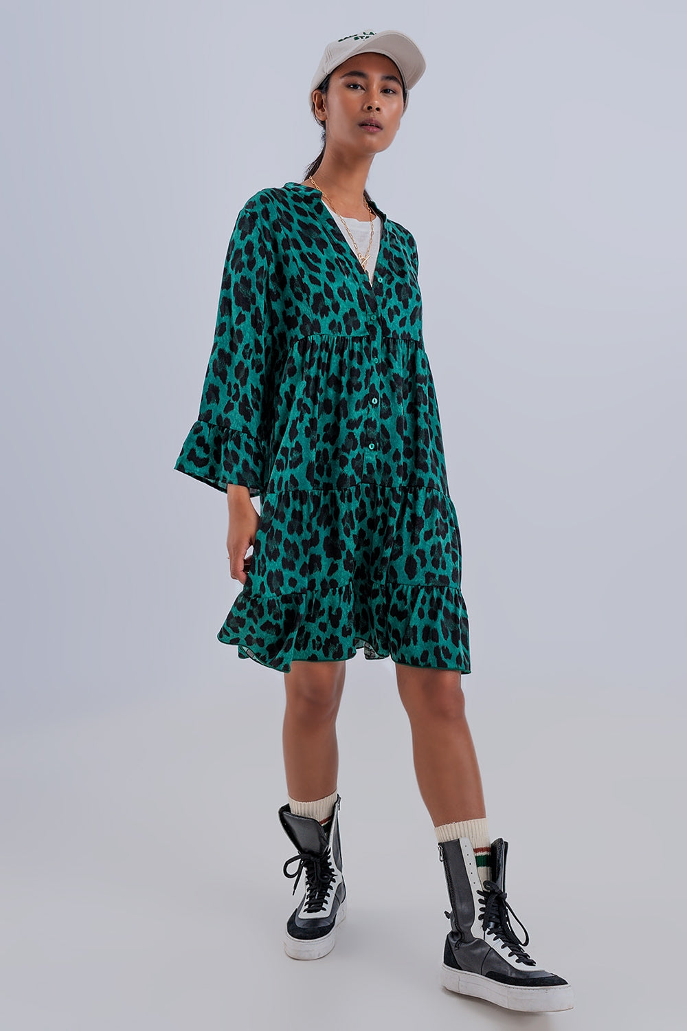 Tiered smock mini dress in green animal print