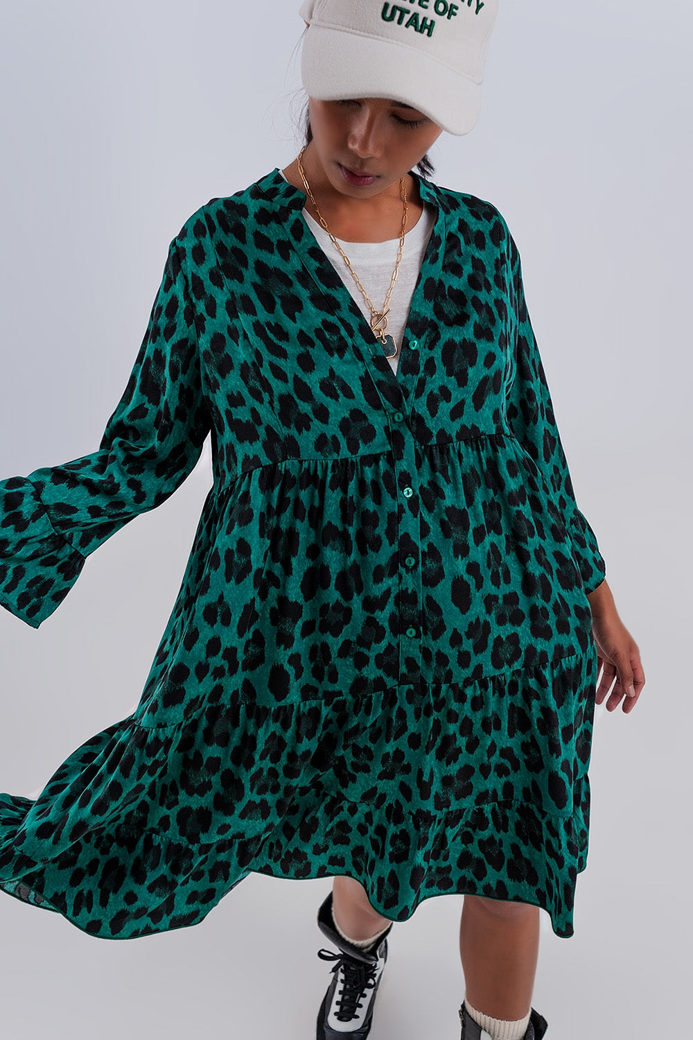 Tiered smock mini dress in green animal print