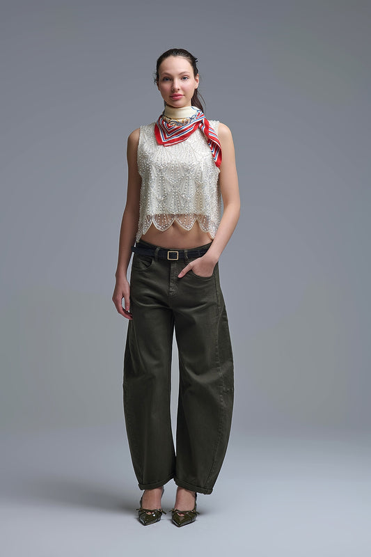 Trendy Green Barrel Balloon Jeans with Pockets