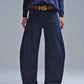 Q2 Trendy Navy Barrel Balloon Jeans with Pockets