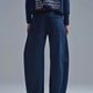 Trendy Navy Barrel Balloon Jeans with Pockets