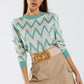 Q2 Turquoise  sweater with  zig zag print in Beige  with white details